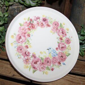 Shabby White Blue Bird & Pink Floral Pastry or Cake Plate Pedestal Riser Stand